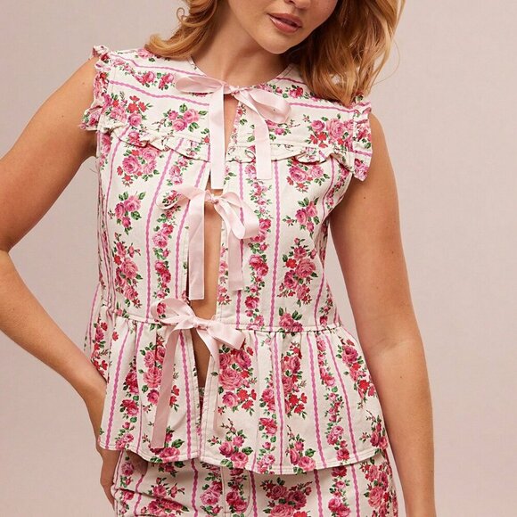 Boho Women's ditsy Floral Stripe Tie Front Tiered Ruffle Peplum Sl - Picture 3 of 5